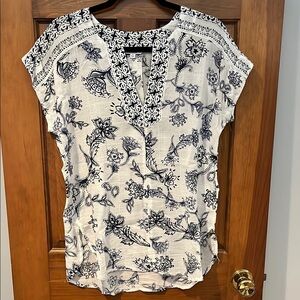 Liverpool Navy/White Batik Floral Airy Split Neck Top Blouse